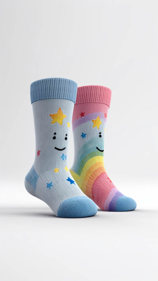 Smiley-Socken mit Regenbogenstreifen